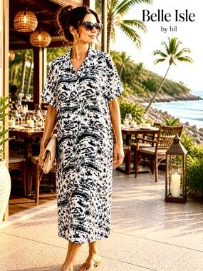 Belle Isle,Palm Resort Pocketed Dress Coastal Tropical Lounge Vacation, Size XL
